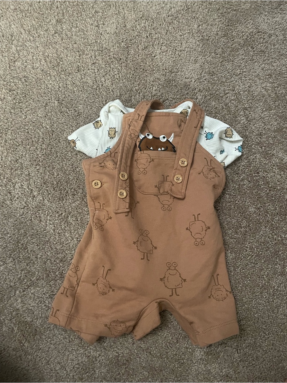 Brown Monster Print Baby Romper Set - Unbranded